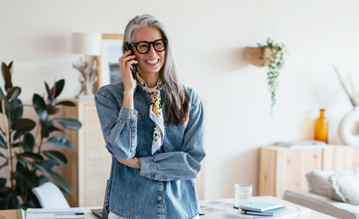 Happy woman on work call