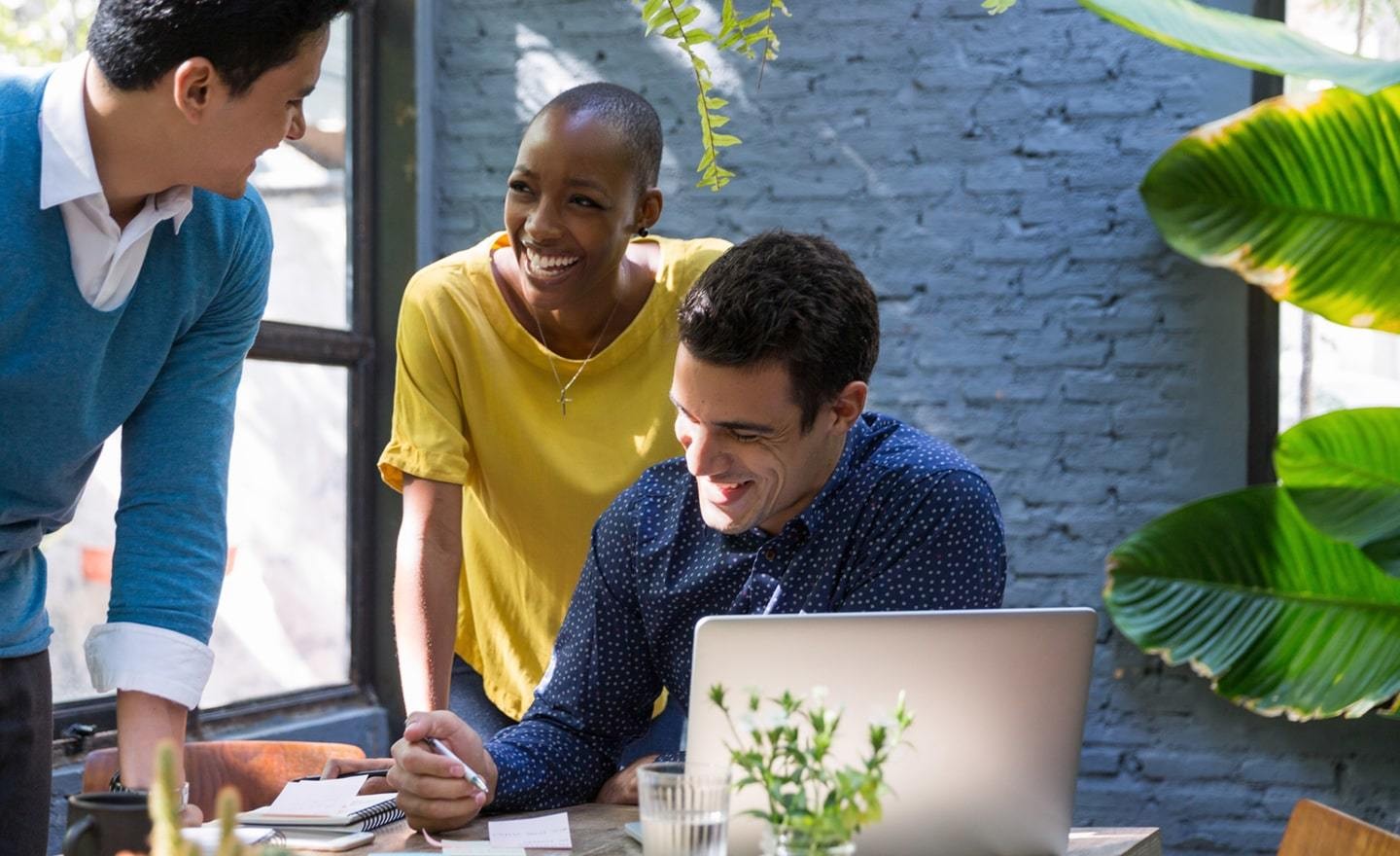 Three coworkers in an office with plants