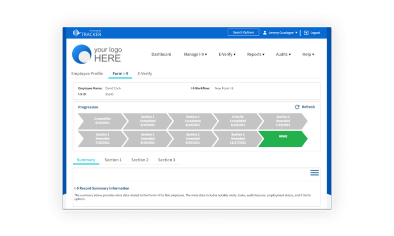 Dashboards will show a high-level overview of all Form I-9 related information in the main dashboard, and highlight summaries of each section in the respective employee’s profile.