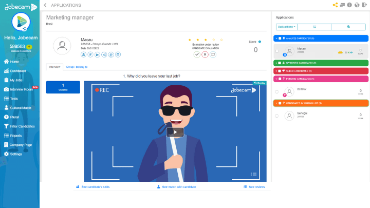 Intuitive and easy interface to manager candidates videos interviews