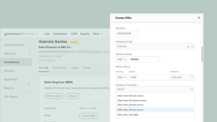 Product Image 1 Select a PandaDoc template and create an offer document directly from Greenhouse