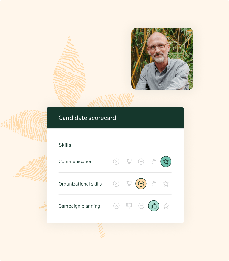 Candidate experience scorecard UI man wearing glasses posing with marigold fingerprint leaf illustration collage