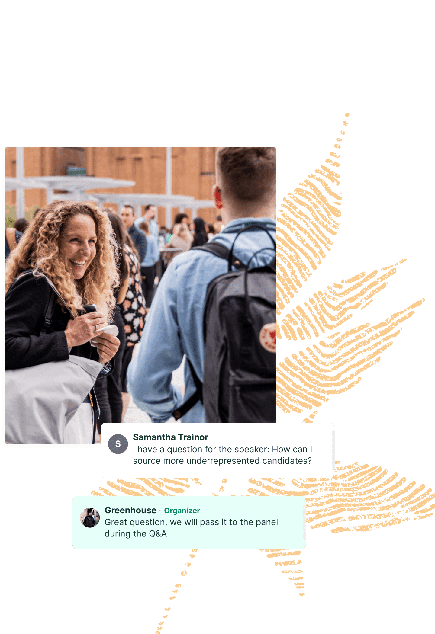 Collage of woman smiling during a conversation at open