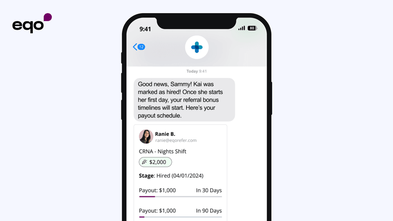 Eqo is the employee referral solution allows employees to track their payouts through text