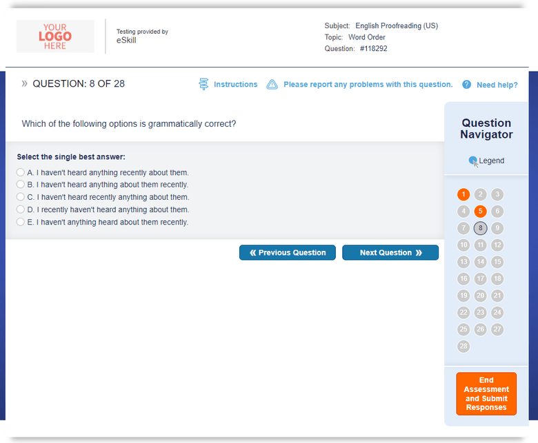 A sample question to illustrate the assessment taker experience.