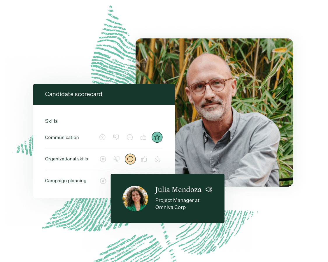 Greenhouse candidate scorecard UI man wearing glasses in business attire fingerprint leaf illustration green M 300