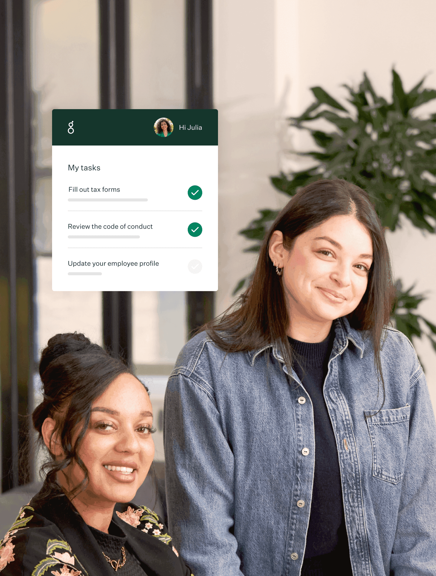 Greenhouse employees in office with onboarding product UI illustration