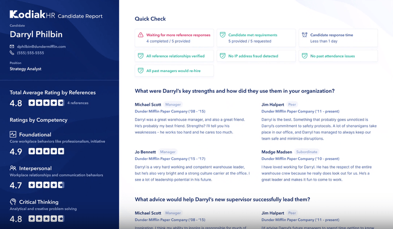 This is what the summary page of the report looks like. Each reference has their own detailed page sharing their feedback about the candidate.