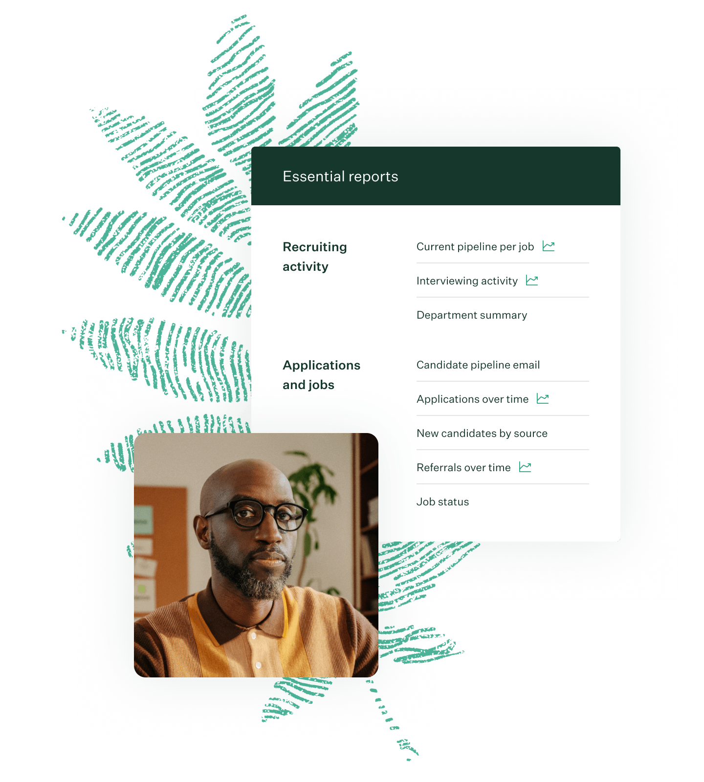 Man wearing yellow collared shirt in office with Greenhouse essential reports UI and green fingerprint leaf illustration new