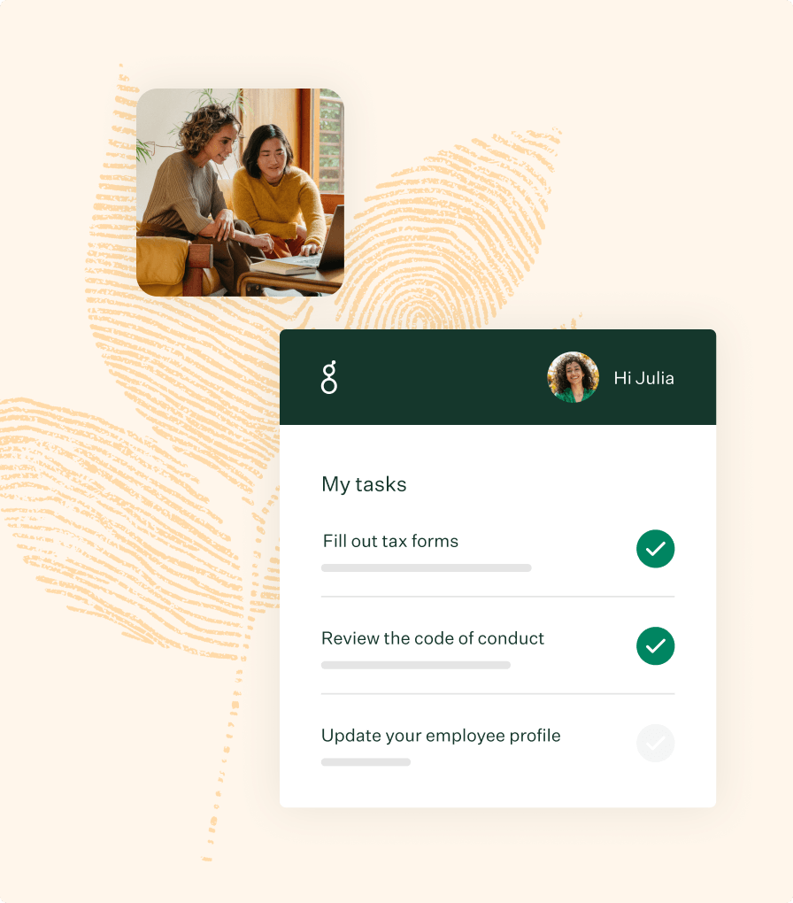 Onboarding tasks UI two women working in warm toned officer with marigold fingerprint leaf illustration collage