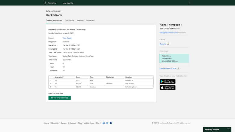 Recruiters and Hiring Managers can review test results from inside Greenhouse.