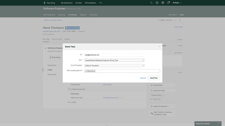 Recruiters can send HackerRank tests from inside Greenhouse.